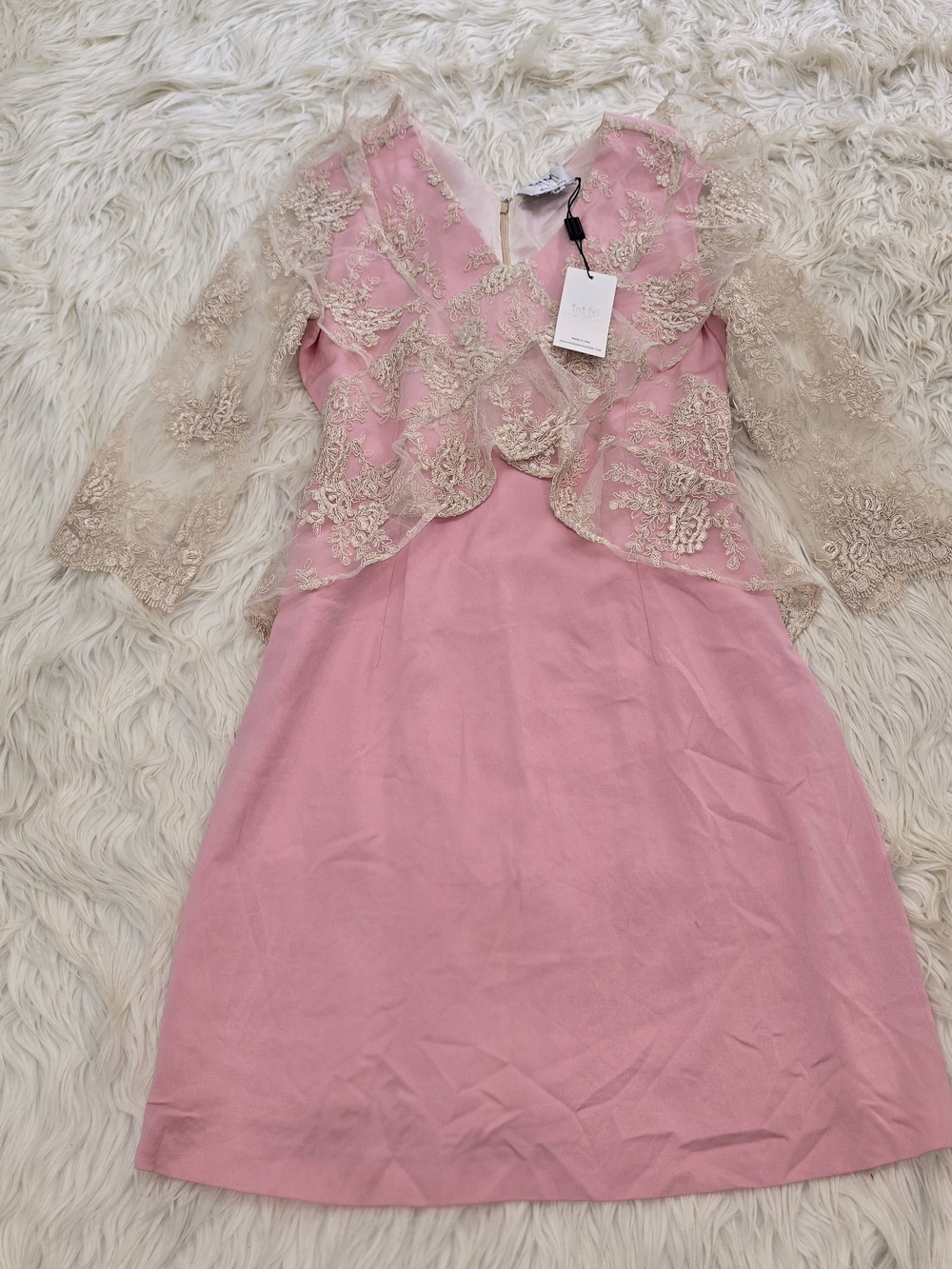 NWT Rick Rhe Pink & Gold Embroidered Lace Ruffle Dress S | Made in Italy